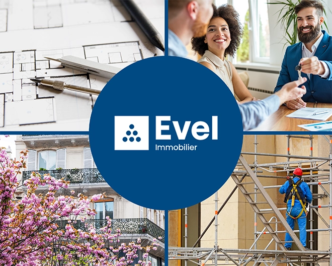 Illustrations des différents services que propose evel immobilier avec le logo evel immobilier